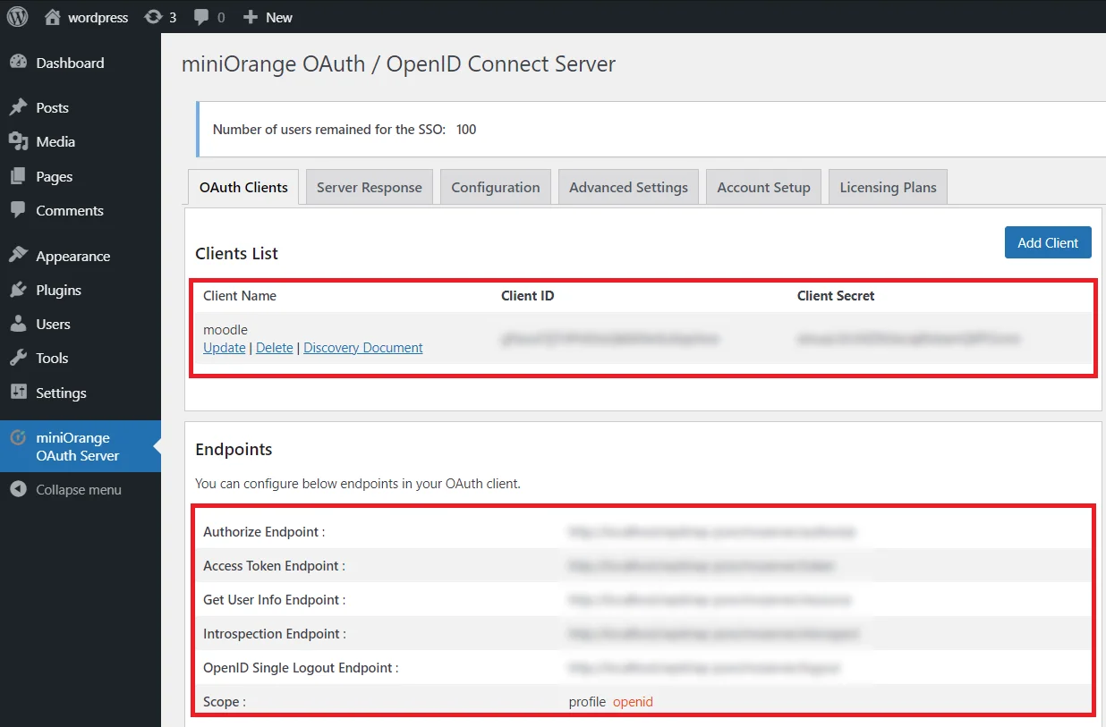 OAuth server Single Sign-On(SSO)WordPress- moodle client credentials