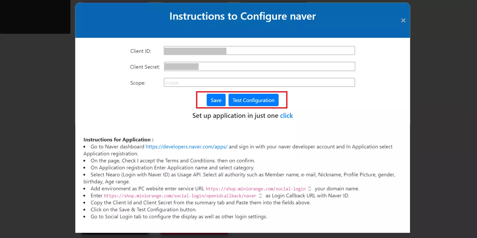 test configuration to login with Naver