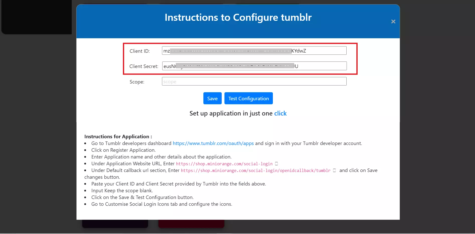 social login Client Id secret to login with Tumblr for shopify