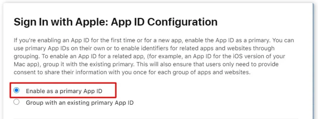 Apple SSO Login into Shopify - Select Enable as a primary App Id