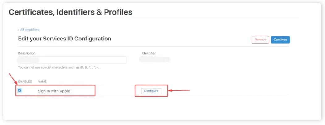 Apple SSO Login into Shopify - Select your Service ID and Configure