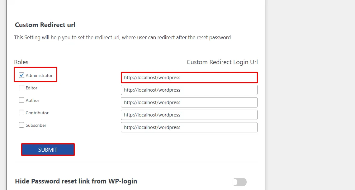  Custom redirect url submit