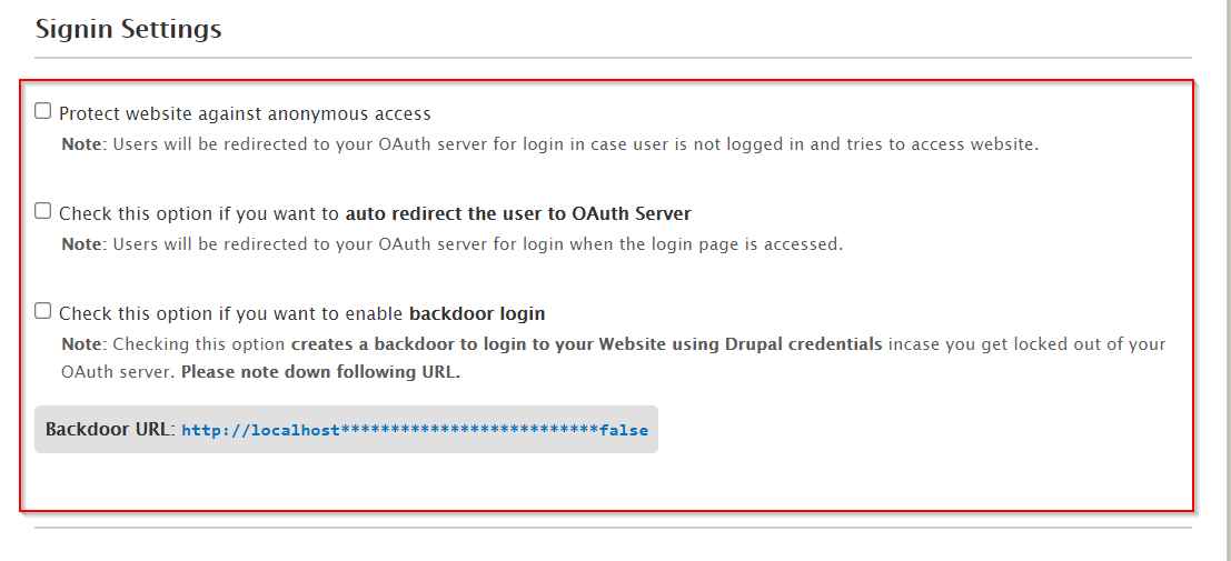 Drupal OAuth client signin settings