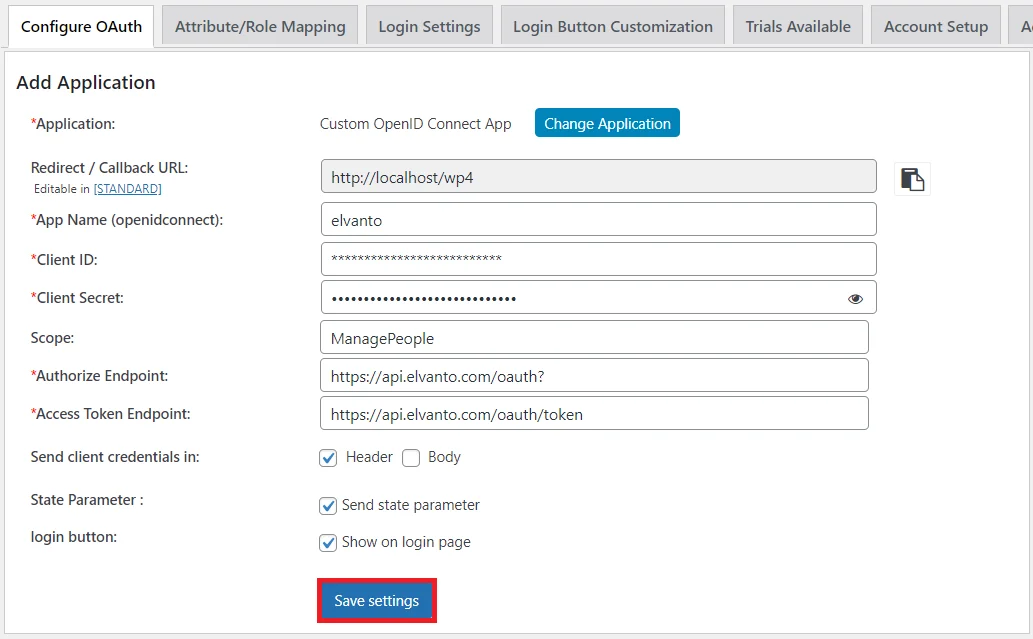 Elvanto Single Sign-On (SSO) - SSO endpoints save settings