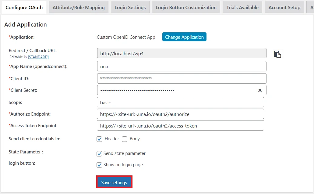 UNA Single Sign-On (SSO) - SSO endpoints save settings