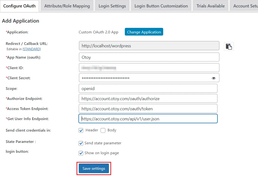  OAuth/OpenID Single Sign On SSO save settings