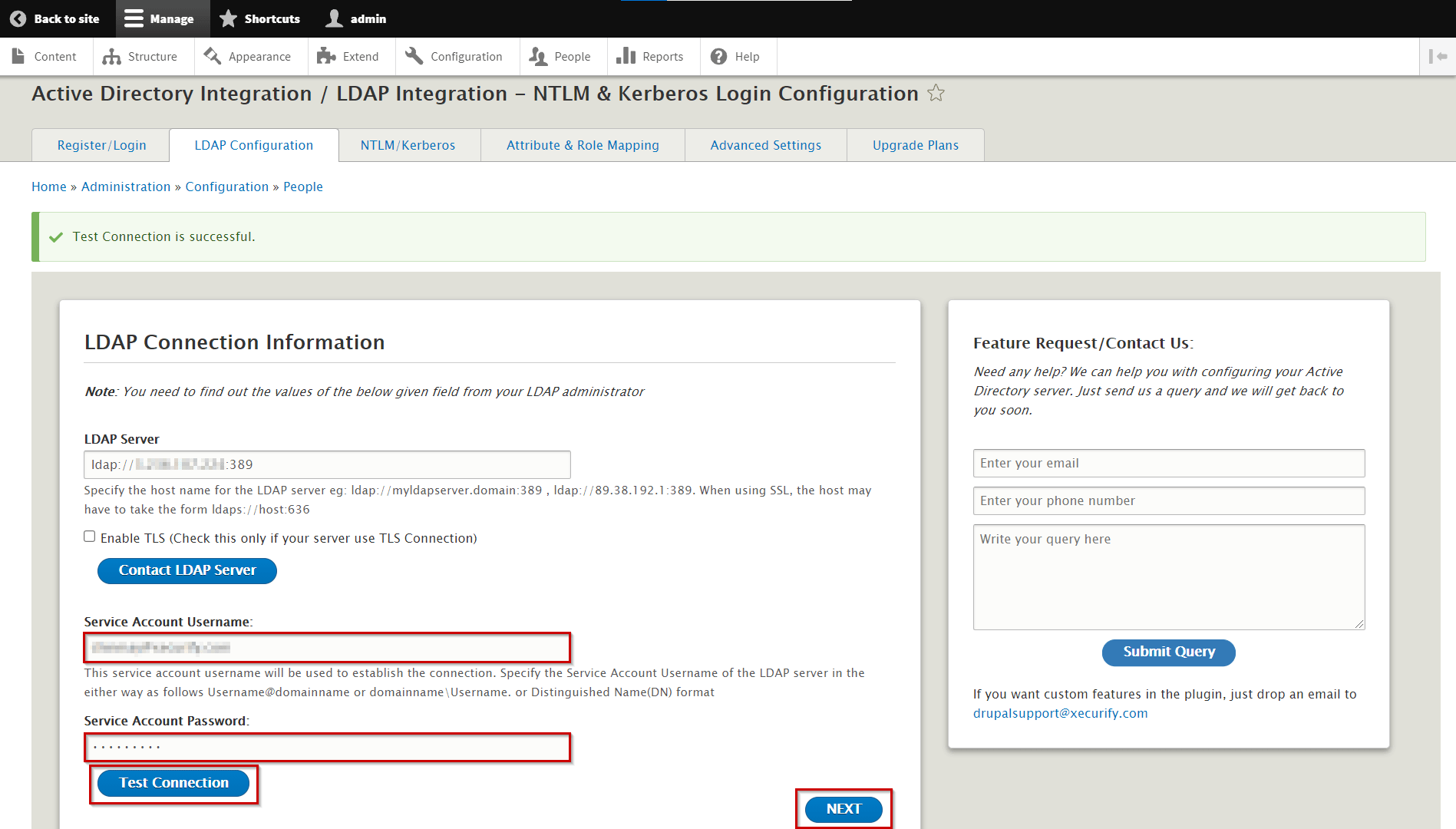 Enter the Service Account Username and Service Account Password then click to Test Connection