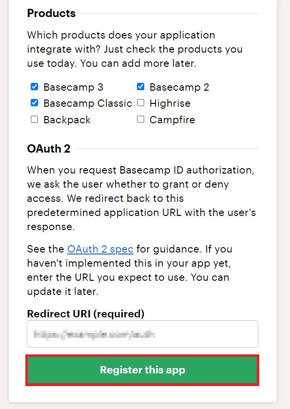 Joomla Basecamp SSO (Single Sign On) - Enter redirect url