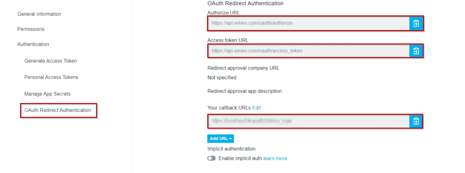 Under OAuth Redirect Authentication add callback urls from here