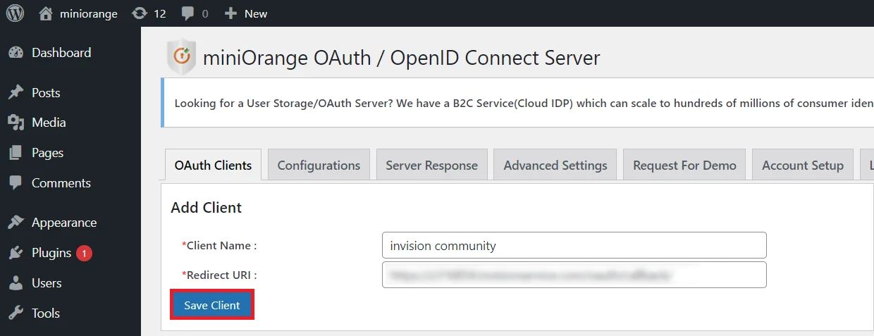 OAuth server Single Sign-On(SSO)WordPress- Invision Community Authorized Redirect URI 