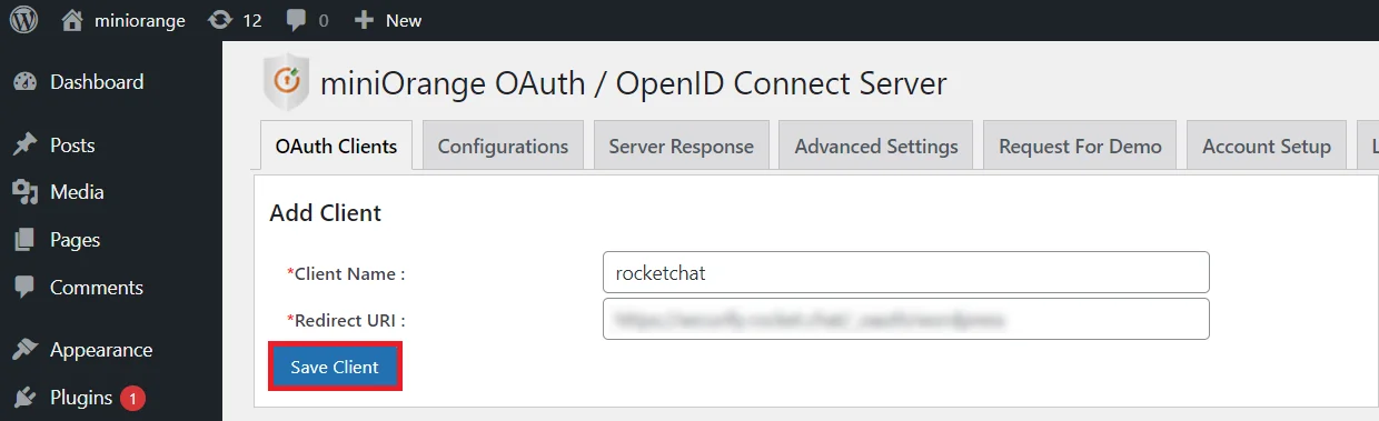 OAuth server Single Sign-On(SSO)WordPress- Rocket.Chat Authorized Redirect URI 