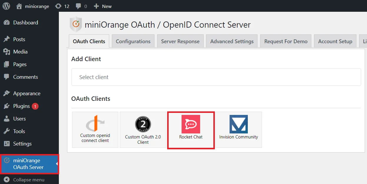 OAuth server Single Sign-On(SSO)WordPress- Rocket.Chat add client