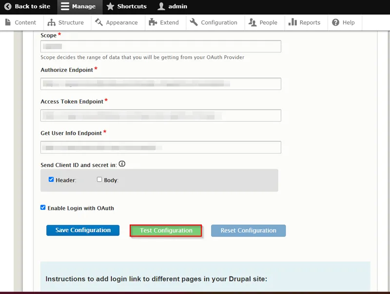 Drupal OAuth OpenID Single Single On - Click on Test Configuration