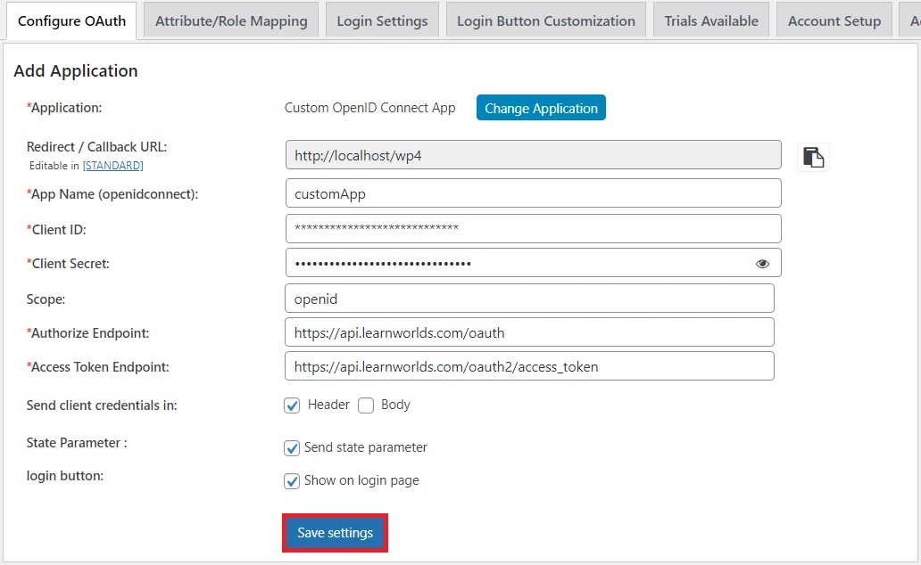 learnWorlds Single Sign-On (SSO) - SSO endpoints save settings