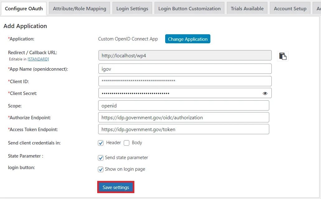 iGov Single Sign-On (SSO) - SSO endpoints save settings