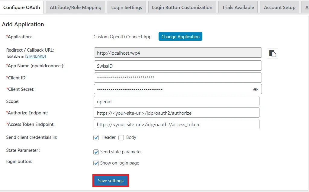 SwissID Single Sign-On (SSO) - SSO endpoints save settings