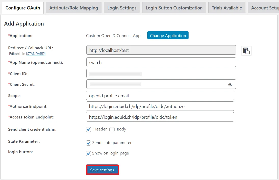 Switch Single Sign-On (SSO) - SSO endpoints save settings