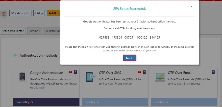miniOrange Google Authenticator - Click Test It button