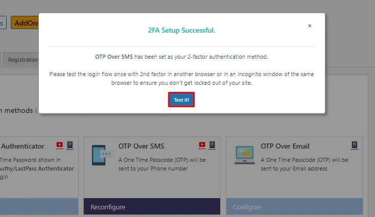 WordPress 2fa  OTP Over SMS- successful 2FA