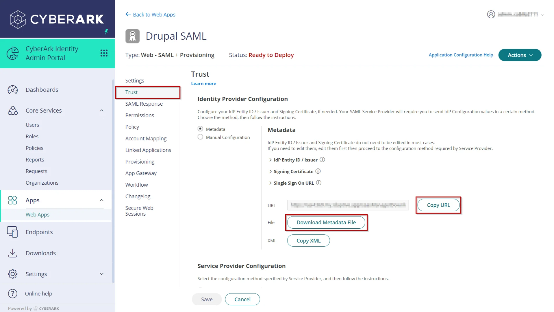 SAML Single Sign-On (SSO) using CyberArk(IdP),download metadata