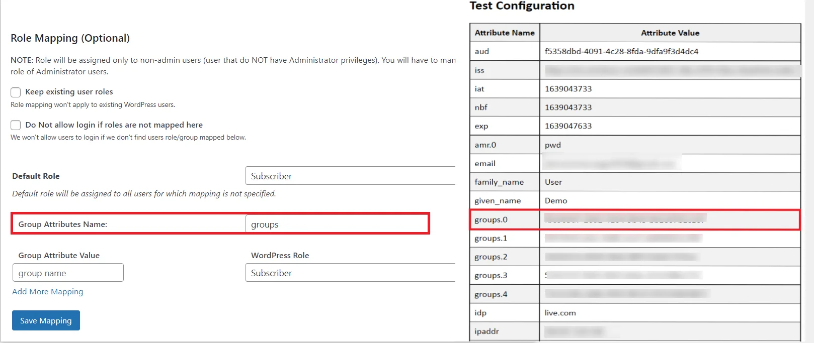 WordPress OAuth SSO - test configuration - role mapping