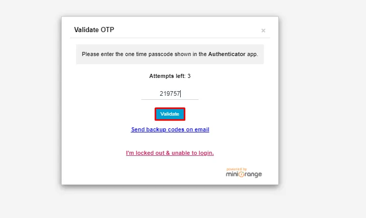 miniOrange Google Authenticator - Click Validate button