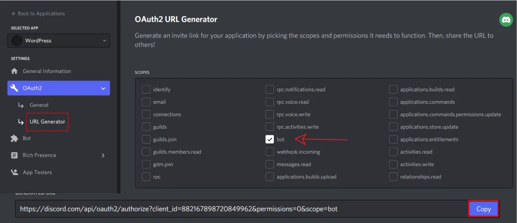 Discord Role Mapping - Select bot and copy link