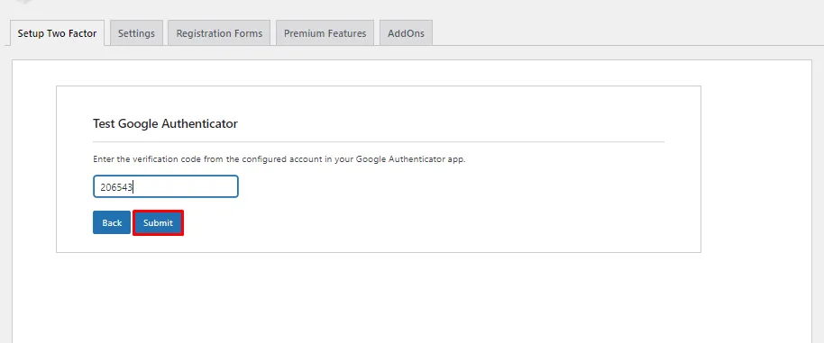miniOrange Google Authenticator - Click Submit button