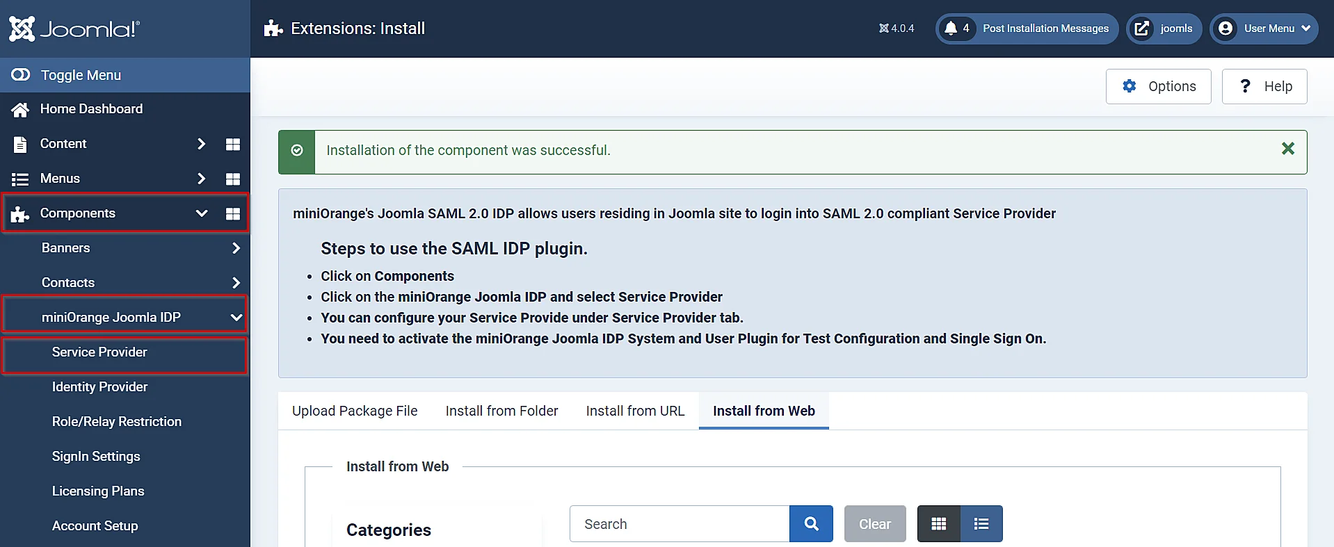 SAML Single Sign-On (SSO) using Joomla (IdP), go to components and select miniorange joomla idp then click service provider