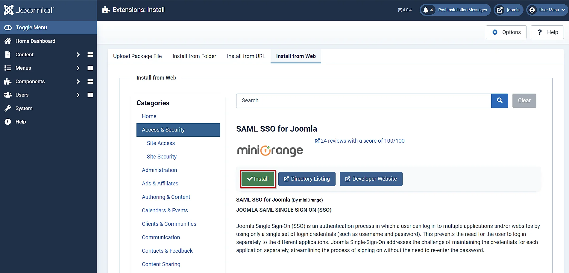 SAML Single Sign-On (SSO) using Joomla (SP), click on install button to enable the plugin