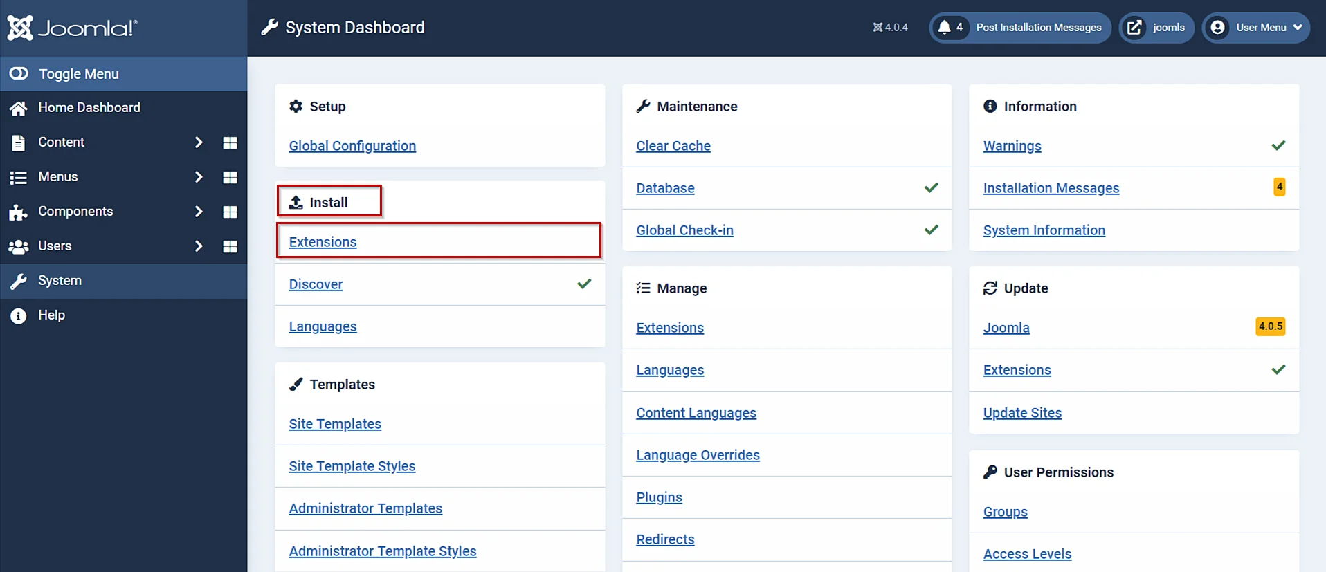 SAML Single Sign-On (SSO) using Joomla (SP), click on Extention from install section