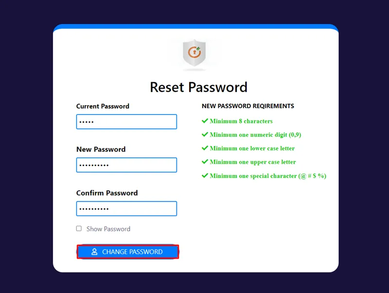 Open reset password page