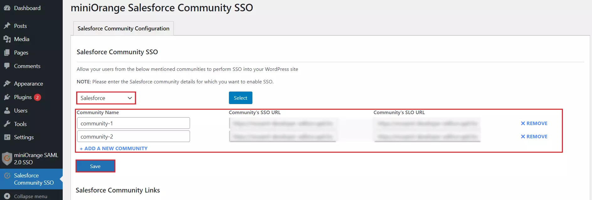 Salesforce Communities WordPress SSO login | Community Name