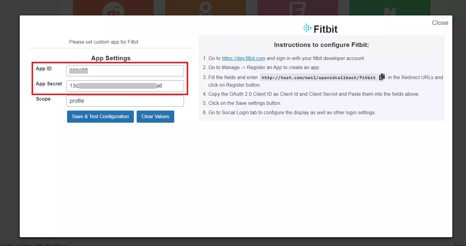 fitbit social login paste client ID and Secret for fitbit SSO
