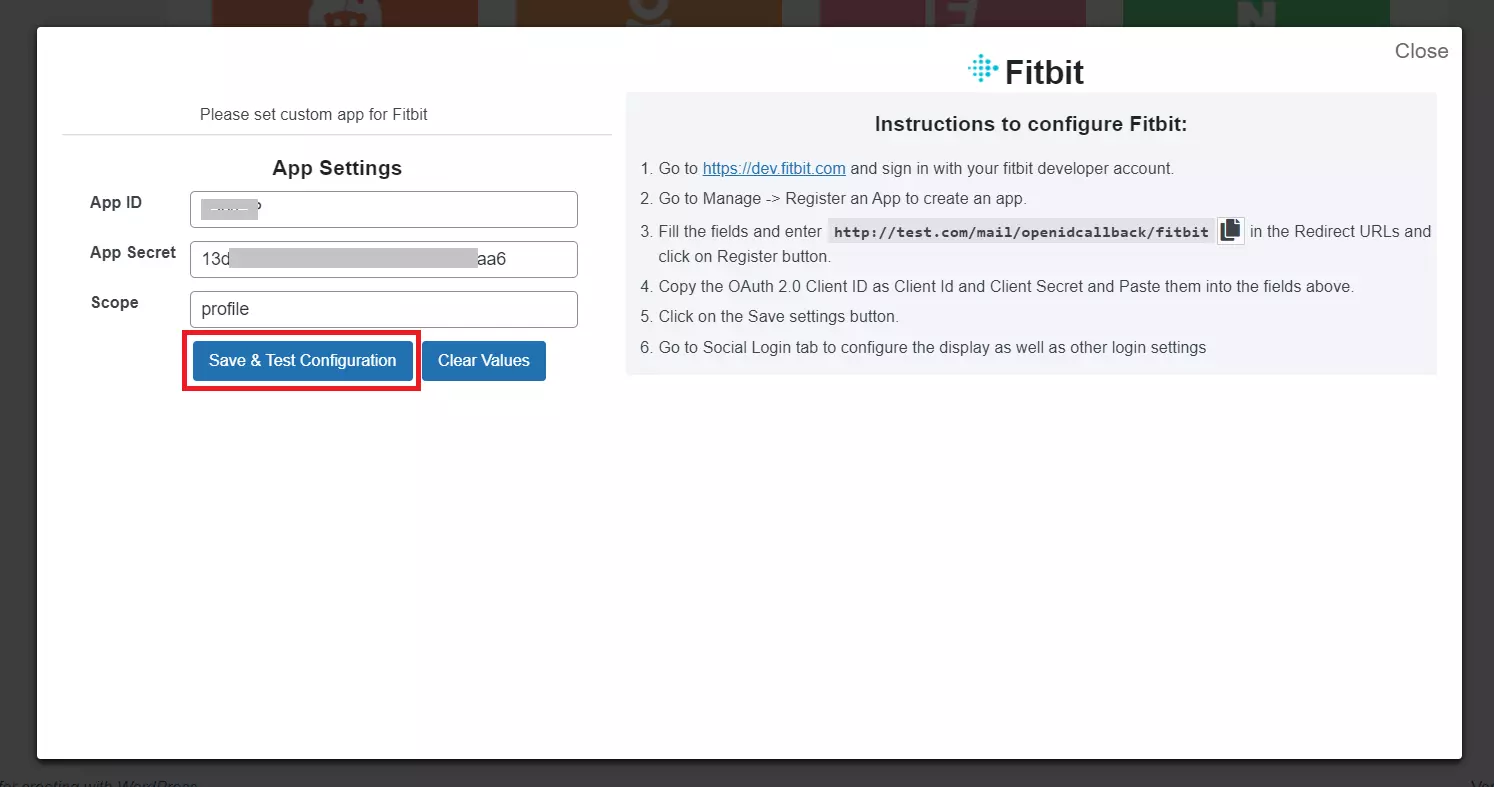 save and test configuration for fitbit SSO