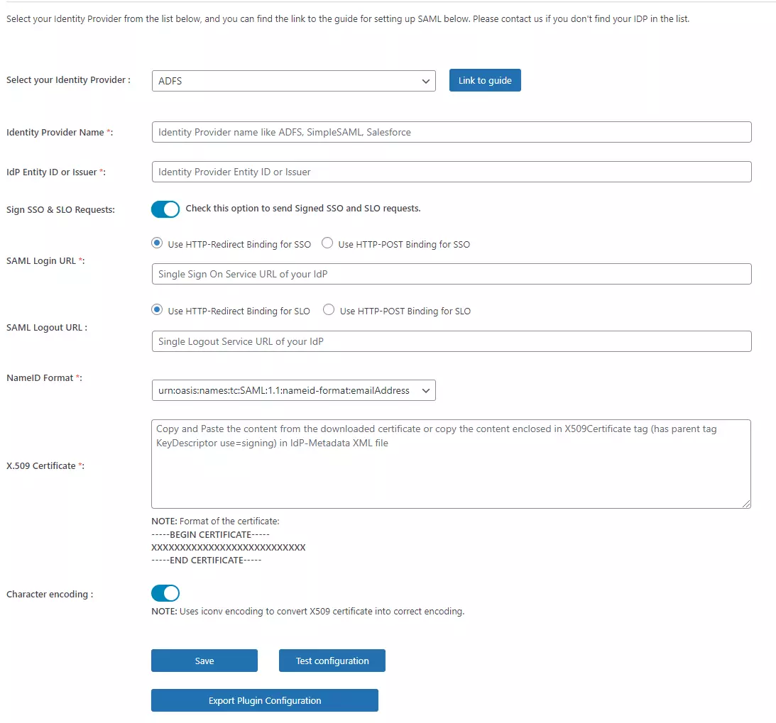 WP SAML SSO - Upload IDP metadata manually 