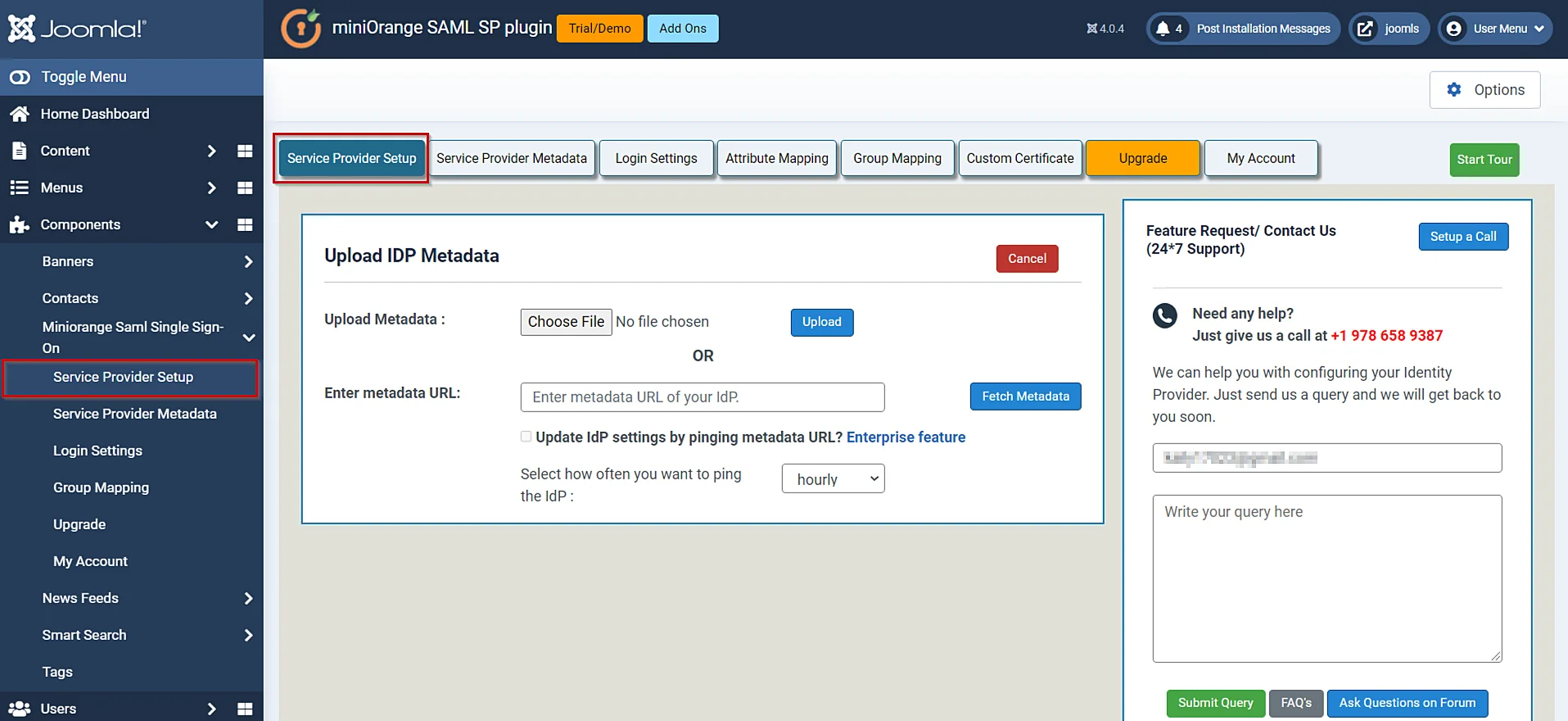 SAML Single Sign-On (SSO) using Joomla (SP) - Click on Upload IDP Metadata button