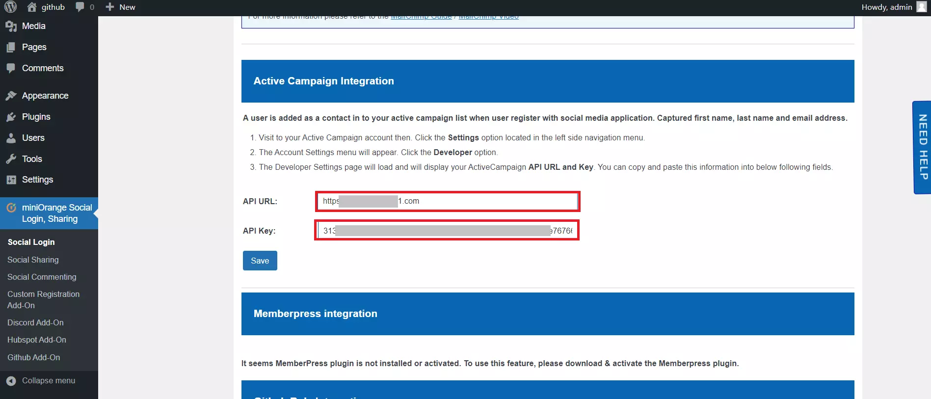 enter the API key and API URL in the wordpressactivecampaign Integration