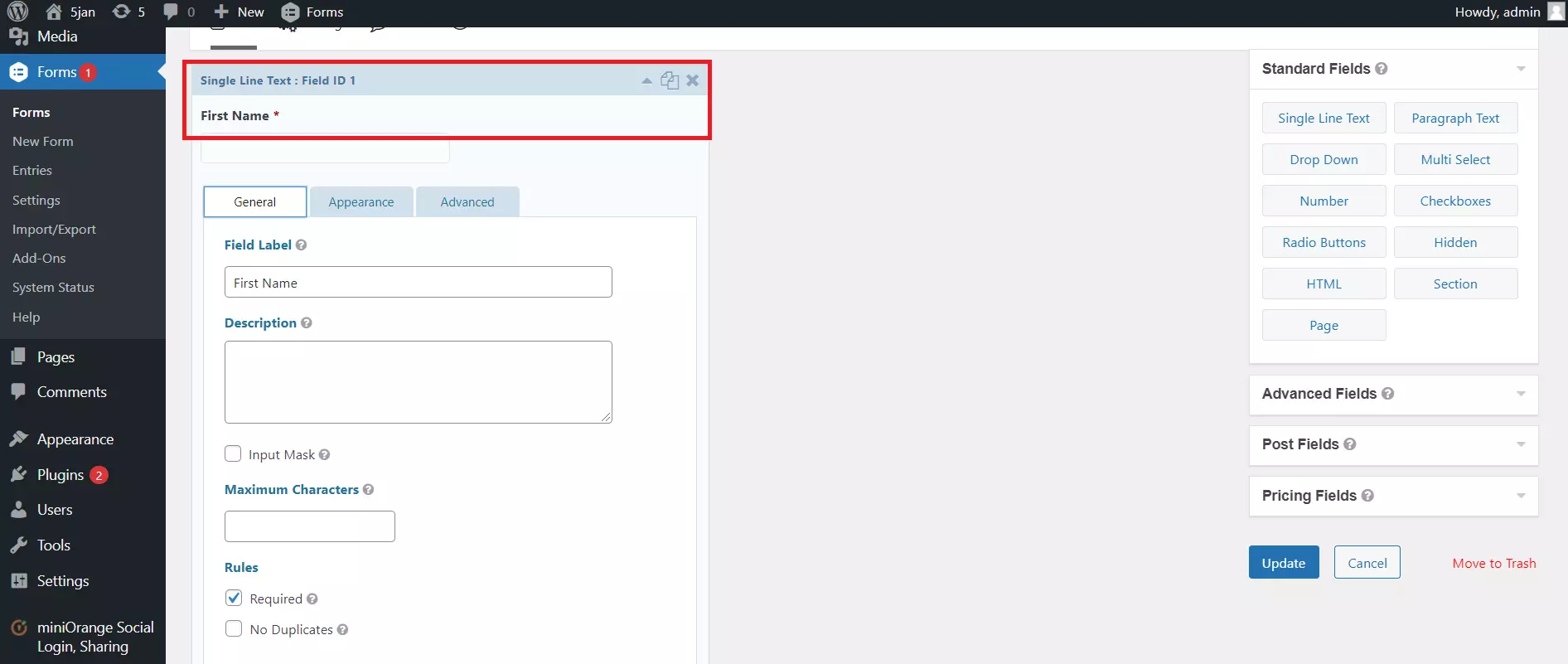 WordPress Gravity form Integration select the field to map