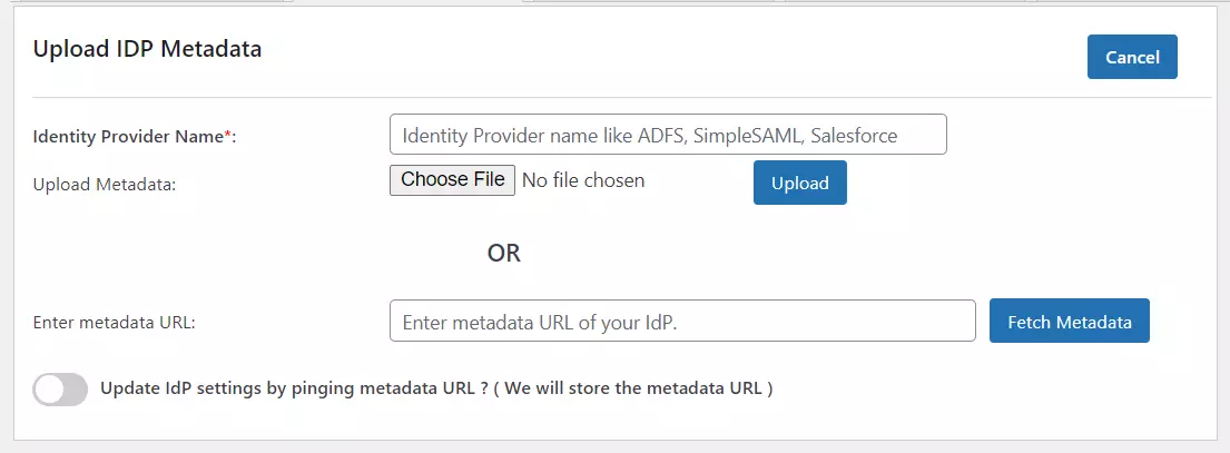 WP SAML SSO - Upload IDP metadata 