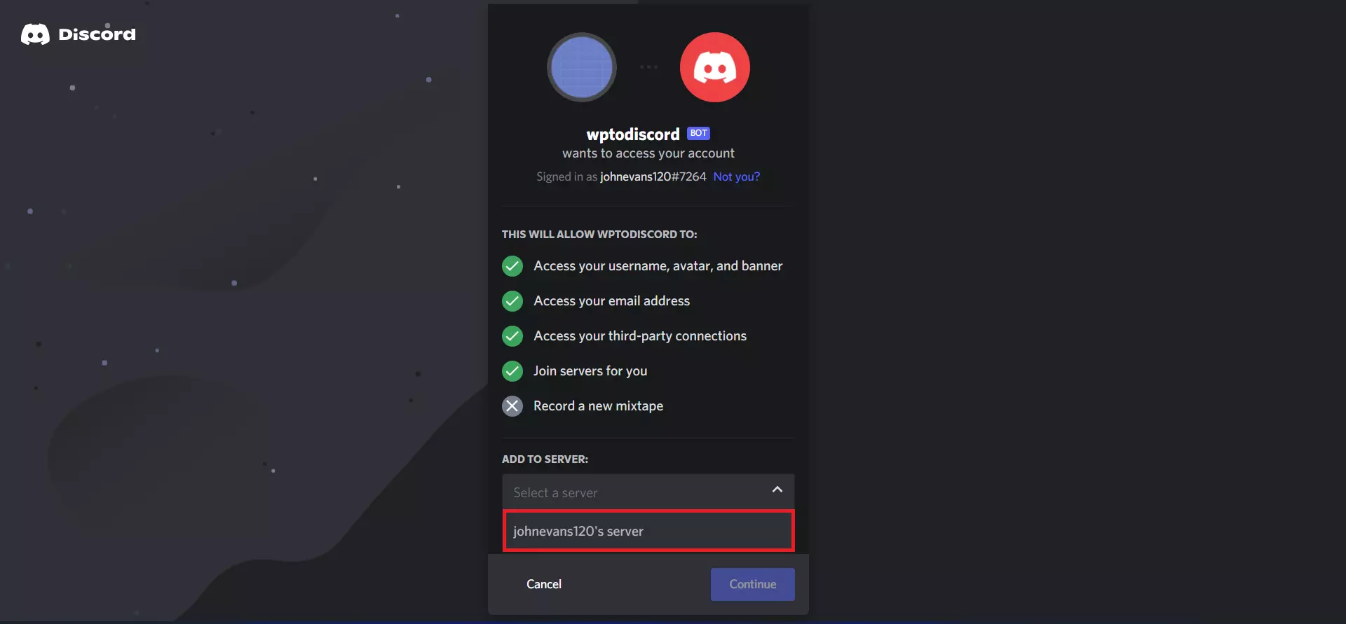 URL ジェネレーターは、Discord ロール マッピングの権限を選択します