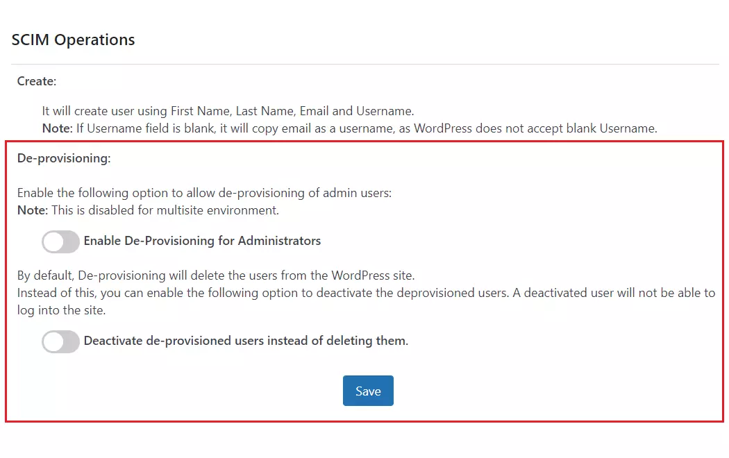 WordPress miniOrange IDP SCIM User Provisioning | De-Provisioning options