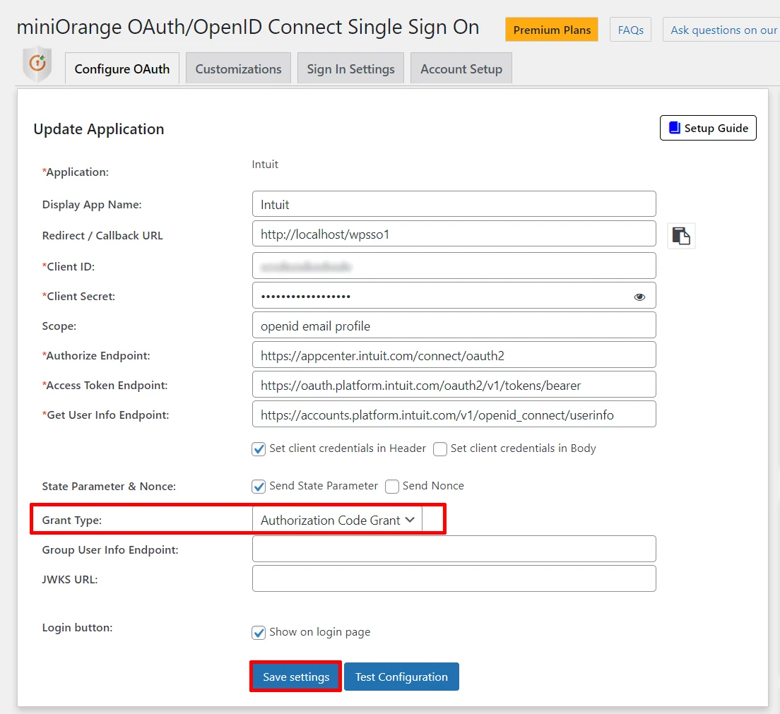 Intuit Single Sign-On (SSO) OAuth - Add Grant Type