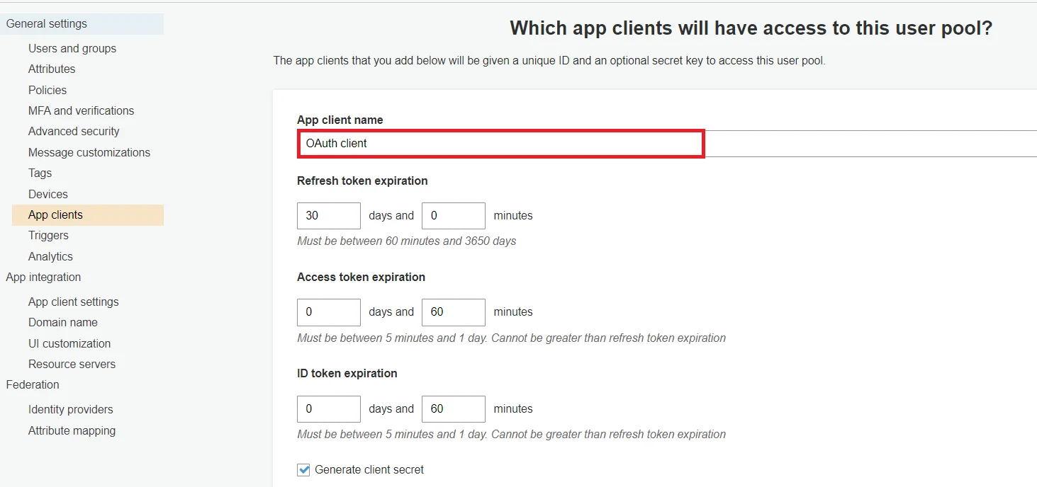 AWS Cognito Single Sign-On (SSO)  for Hubspot- Create App Client