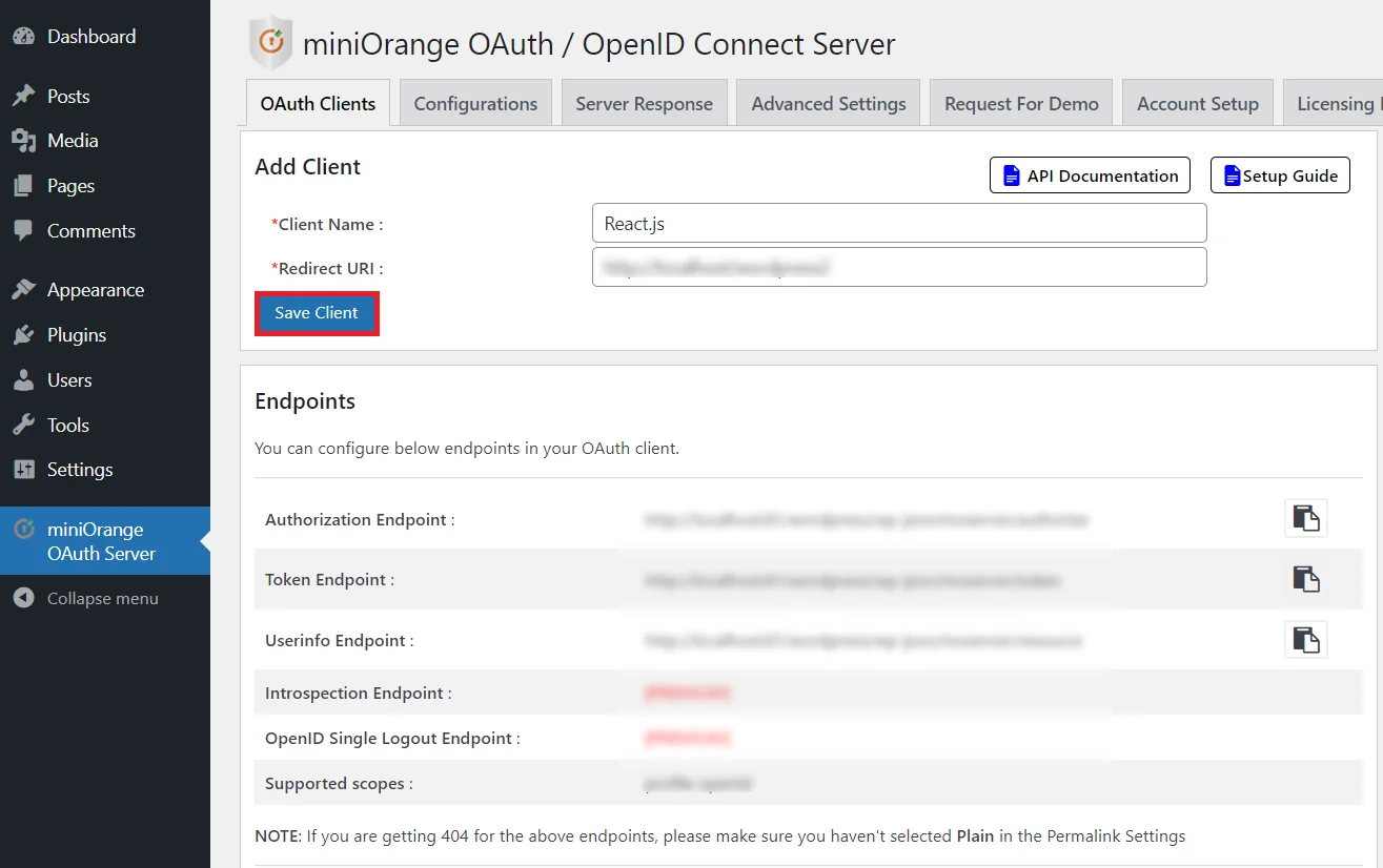 OAuth server Single Sign-On(SSO)WordPress- React.js SSO Authorized Redirect URI 