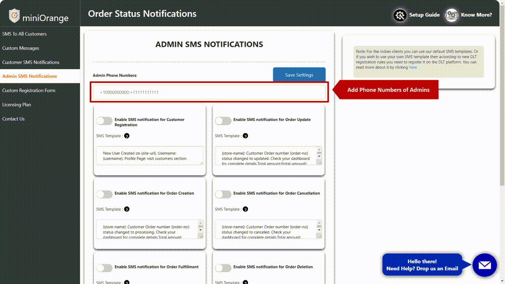 Instructions to set admin phone numbers to enable SMS Notifications for customer registration