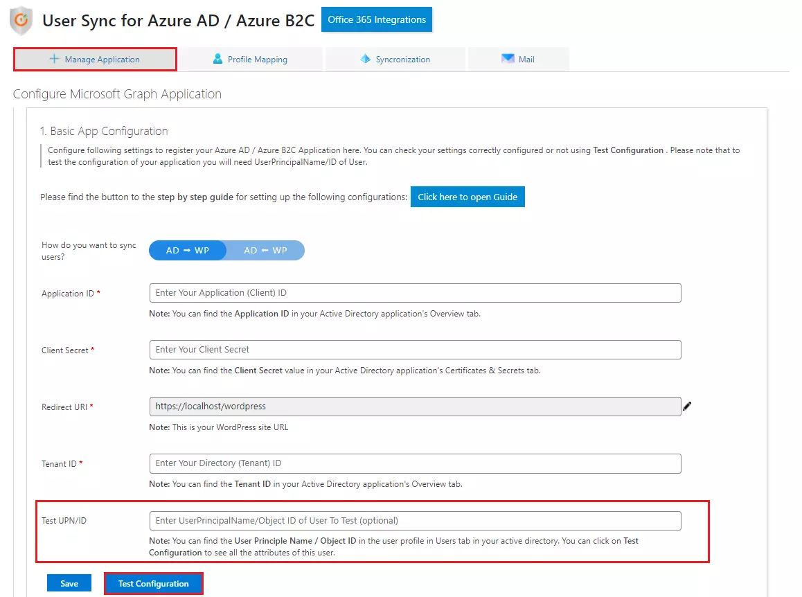 Azure AD user sync with WordPress - Test configuration