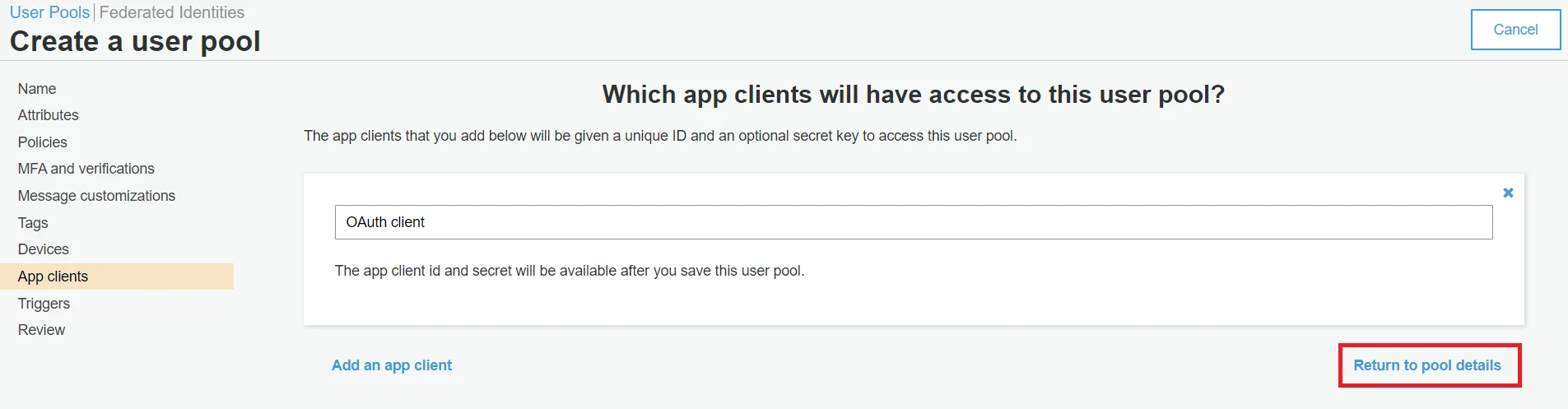Pool details AWS Cognito Single Sign-On (SSO)