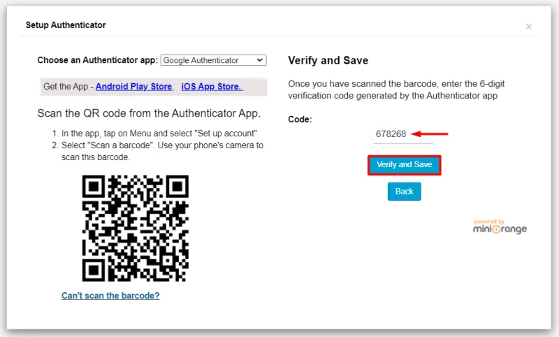 2FA profile Builder login form - click verify and save button