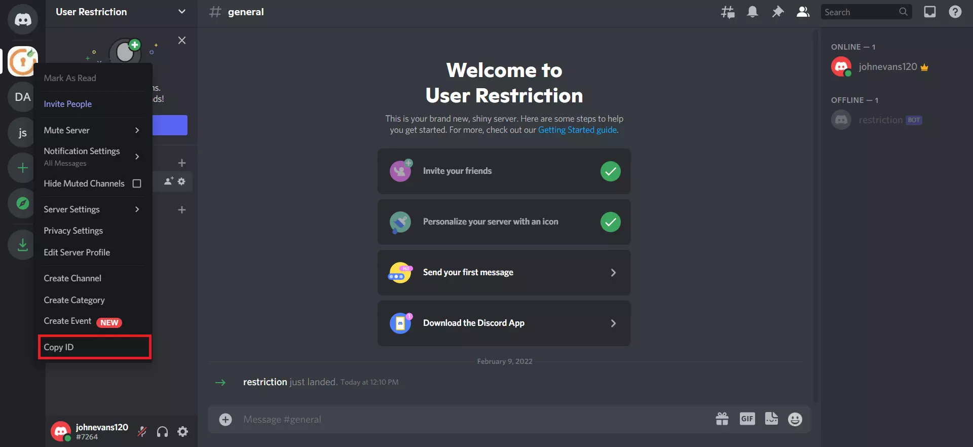 paste the guild ID discord user restriction